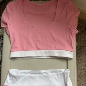Pink and White Ribbed Crop Top and Short Set